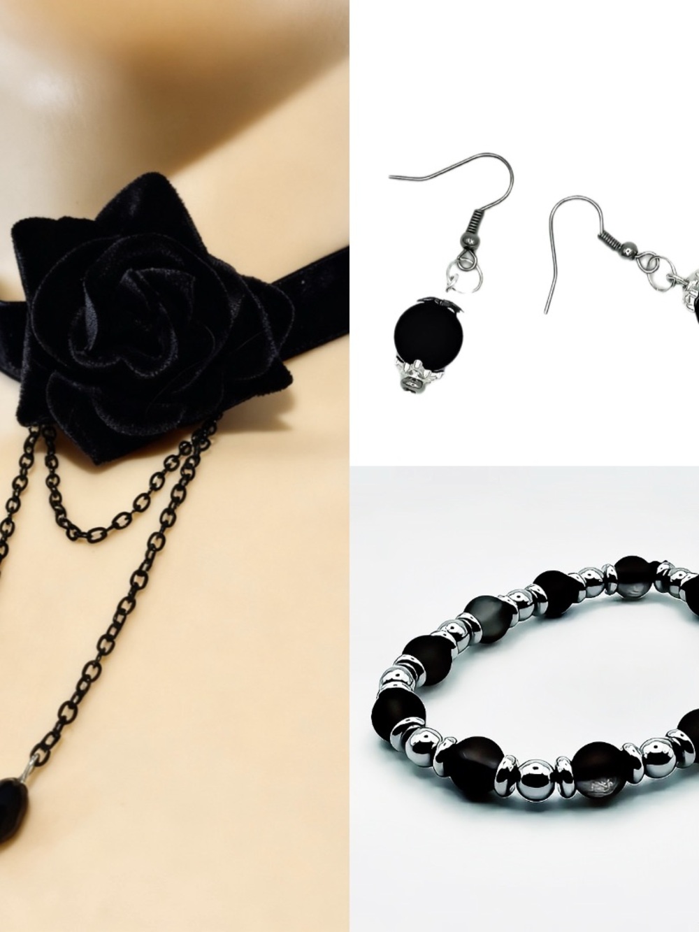 Elegant Black Velvet Rose Choker Necklace - Black Jewelry Set